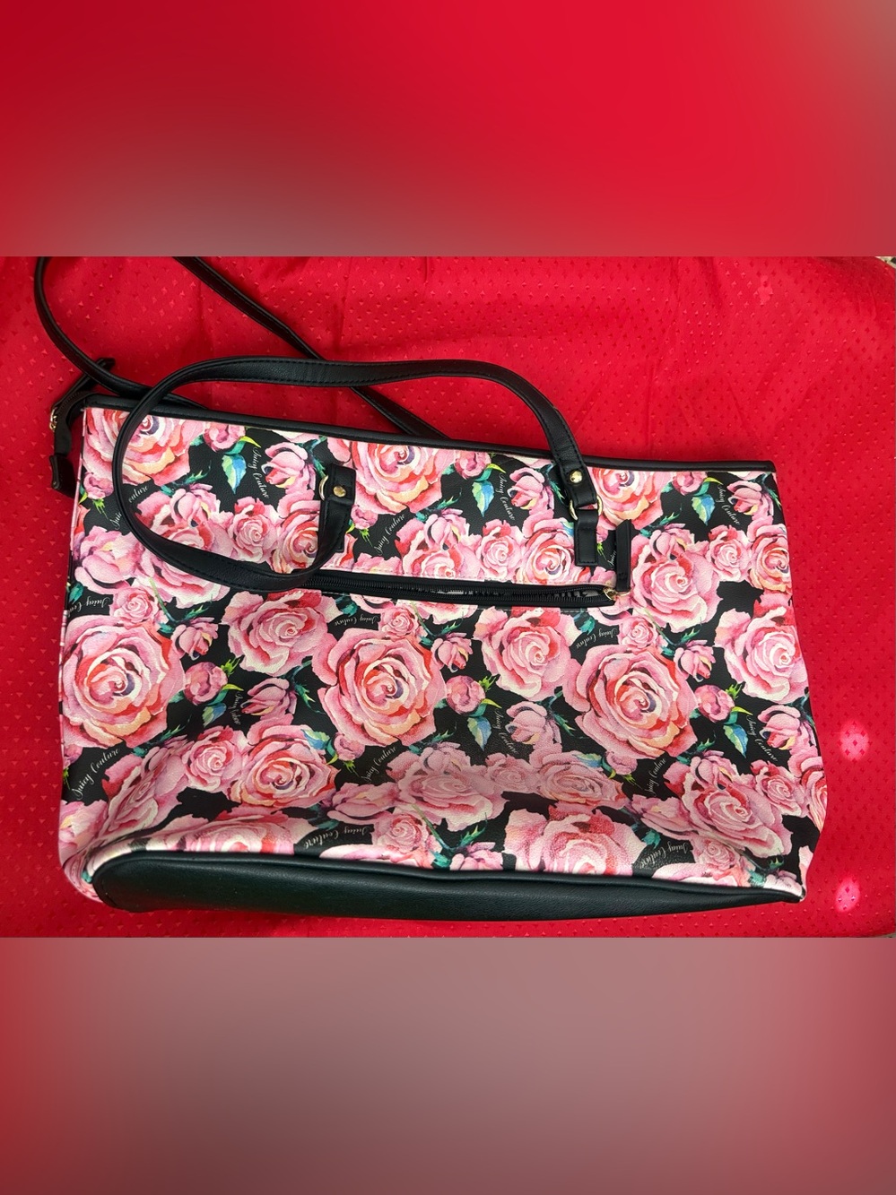 Juicy Couture Pink Rose Floral Tote Bag Large Shoulder Handbag Black Trim - Picture 2 of 5